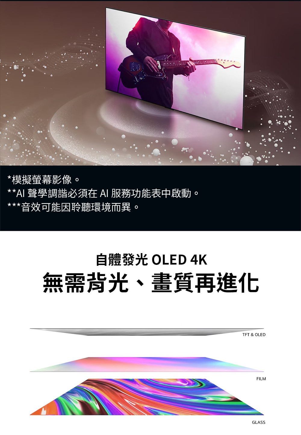 模擬螢幕影像。 AI 聲學調諧必須在 AI 服務功能表中啟動, 音效可能因聆聽環境而異。 自體發光 OLED 4K 無需背光、畫質再進化
