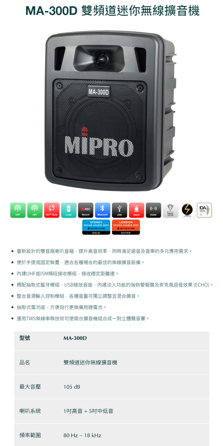 MIPRO MA-300D配2頭戴式 無線麥克風(雙頻道迷你