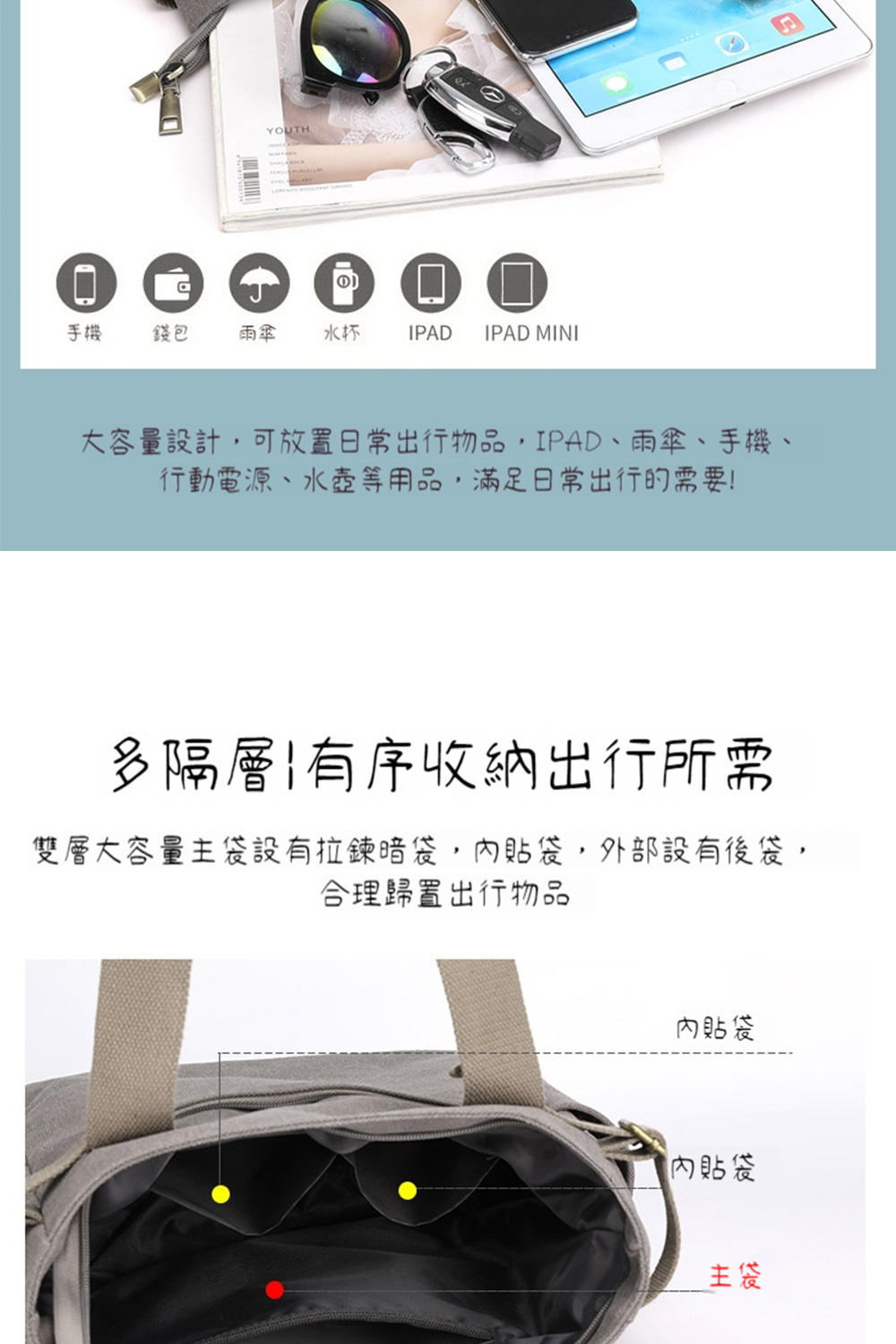大容量設計,可放置日常出行物品,IPAD、雨傘、手機、