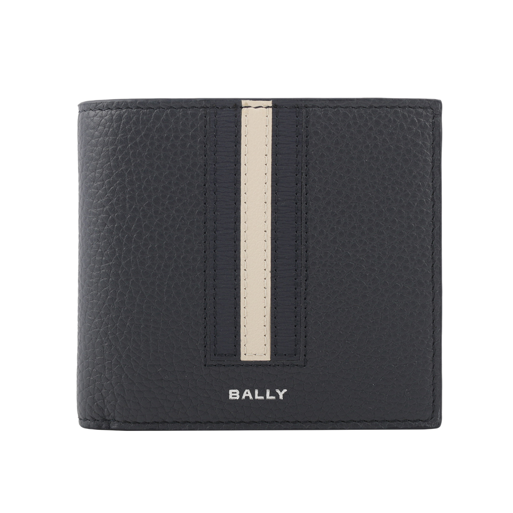 BALLY Ribbon 藍白條紋牛皮對開零錢袋短夾(午夜藍