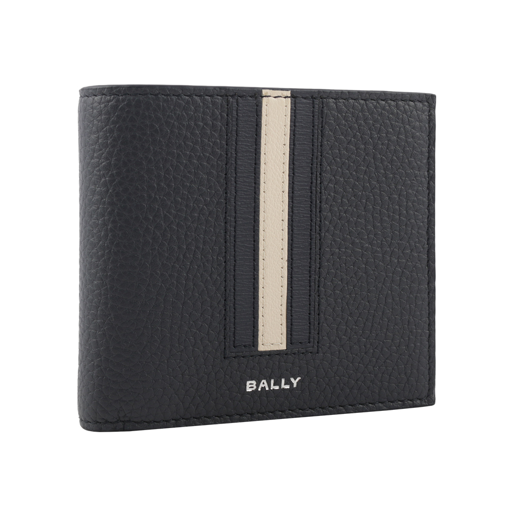 BALLY Ribbon 藍白條紋牛皮對開零錢袋短夾(午夜藍