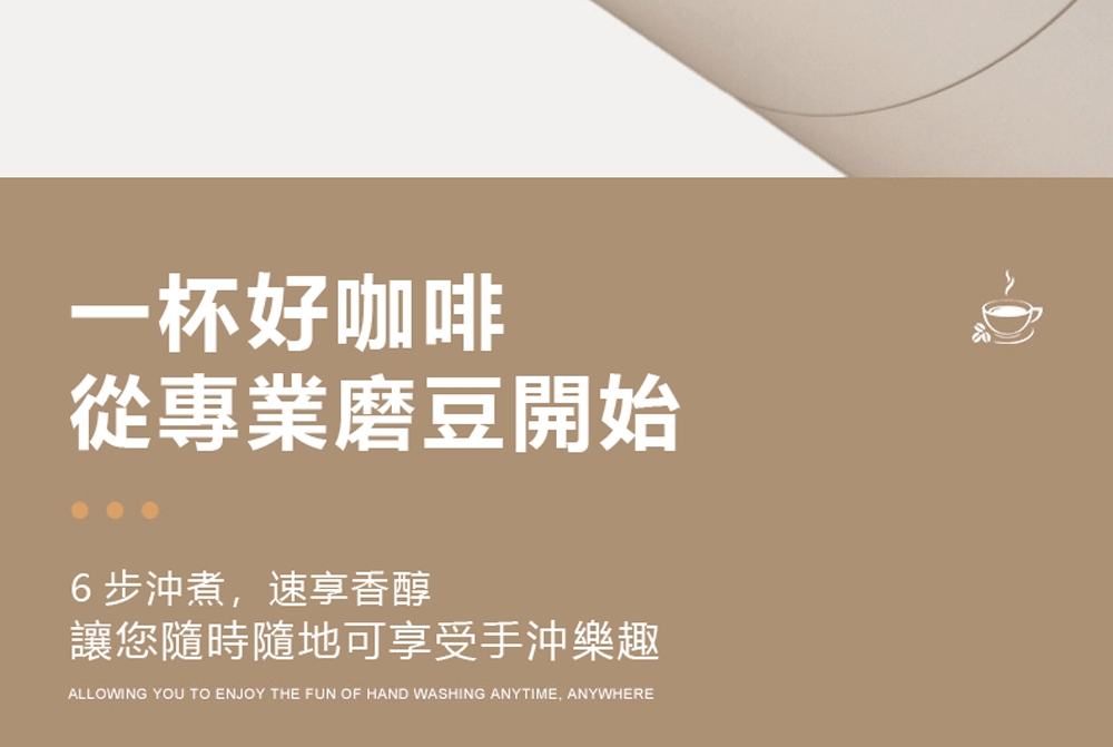 一杯好咖啡 從專業磨豆開始 6步沖煮,速享香醇 讓您隨時隨地可享受手沖樂趣 