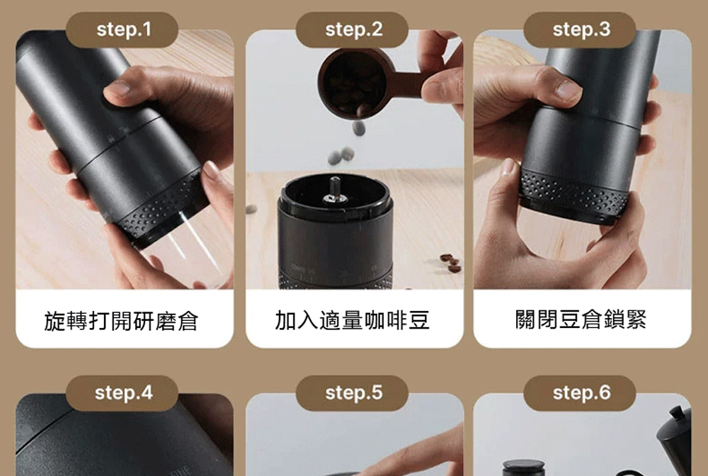 旋轉打開研磨倉 加入適量咖啡豆 關閉豆倉鎖緊 