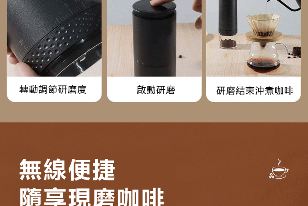 轉動調節研磨度 啟動研磨 研磨結束沖煮咖啡 無線便捷 隨享現磨咖啡 