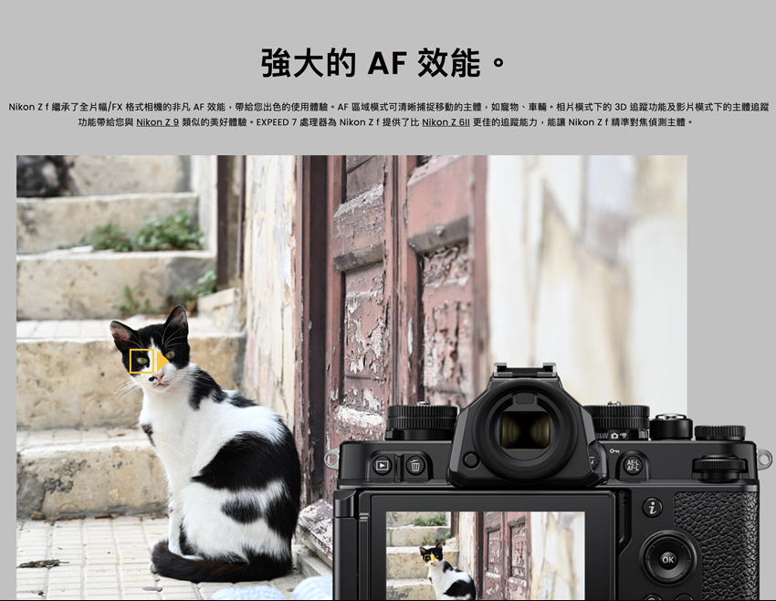 強大的 AF 效能。 Nikon Zf 繼承了全片幅FX 格式相機的非凡 AF 效能,帶給您出色的使用體驗。AF 區域模式可清晰捕捉移動的主體,如寵物、車輛。相片模式下的 3D 追蹤功能及影片模式下的主體追蹤 功能帶給您與 Nikon Z 9 類似的美好體驗。EXPEED 7 處理器為 Nikon Zf 提供了比 Nikon Z 6 更佳的追蹤能力,能讓 Nikon Zf 精準對焦偵測主體。 