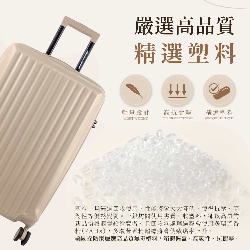 美國探險家嚴選高品質無毒塑料,箱體輕盈、高韌性、抗衝擊。