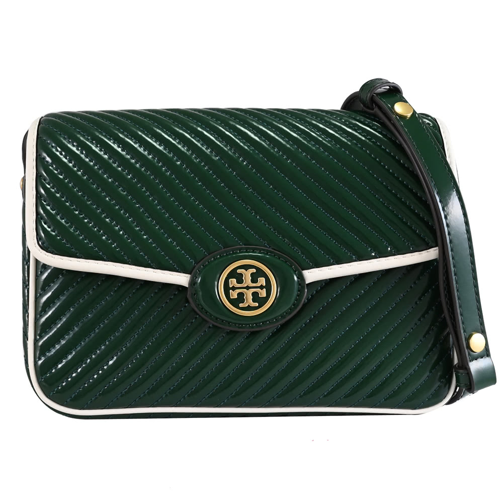 TORY BURCH 經典雙T LOGO漆皮斜紋翻蓋肩斜學院