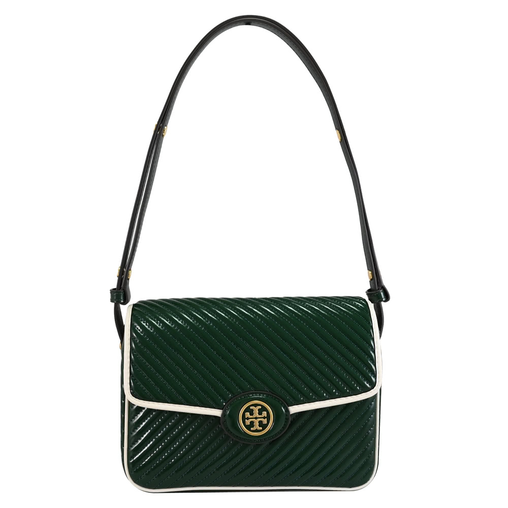 TORY BURCH 經典雙T LOGO漆皮斜紋翻蓋肩斜學院