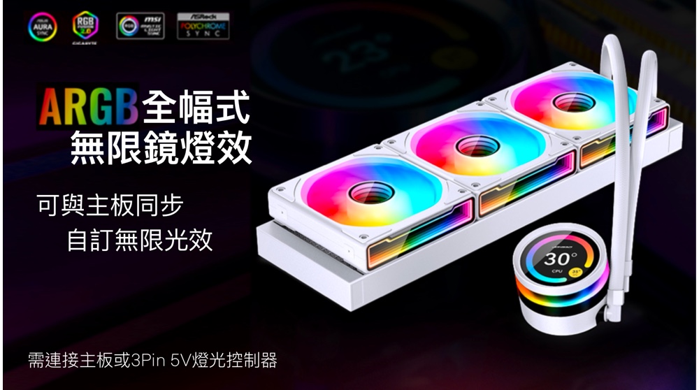 ARGB全幅式 無限鏡燈效 可與主板同步 自訂無限光效 需連接主板或3Pin 5V燈光控制器 