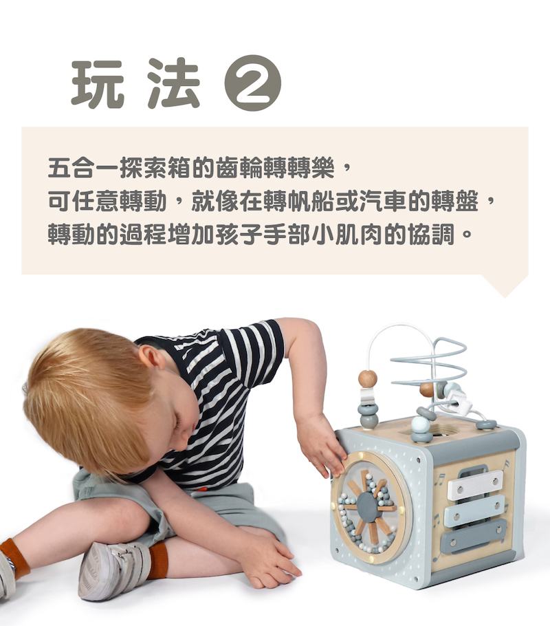 玩法 五合一探索箱的齒輪轉轉樂, 可任意轉動,就像在轉帆船或汽車的轉盤, 轉動的過程增加孩子手部小肌肉的協調。 