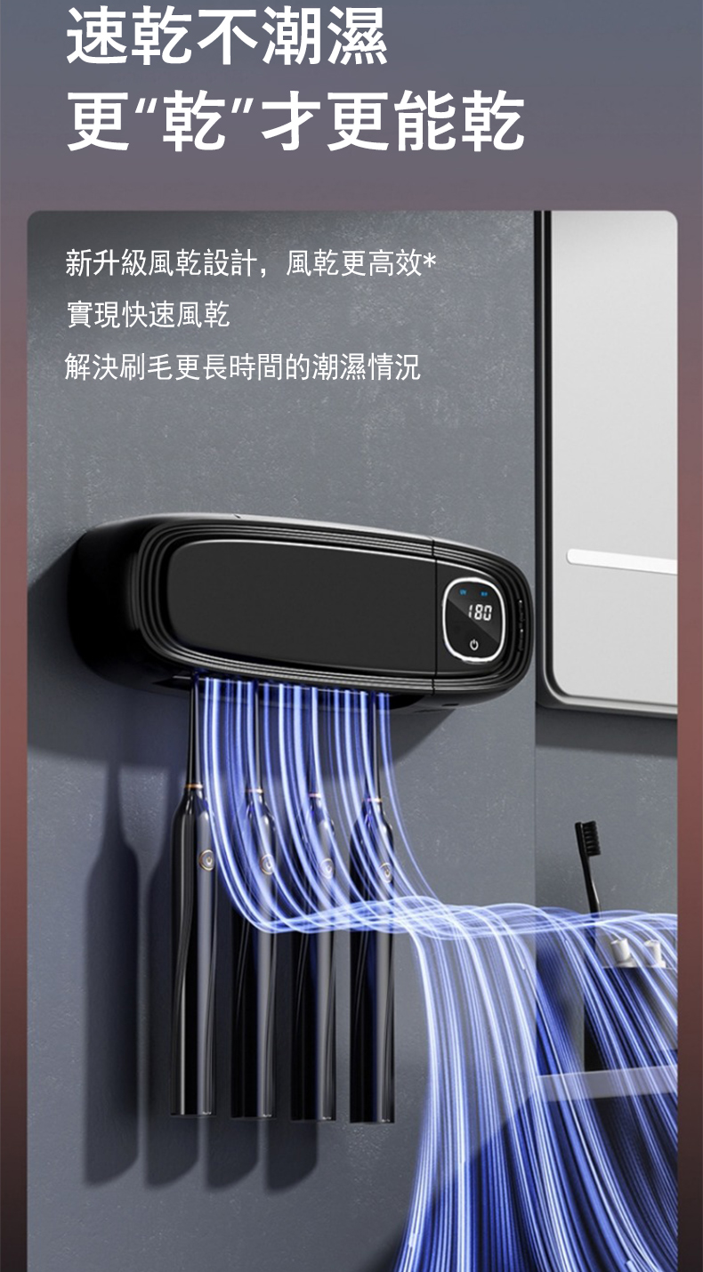 速乾不潮濕 更乾才更能乾 新升級風乾設計,風乾更高效 實現快速風乾 解決刷毛更長時間的潮濕情況 