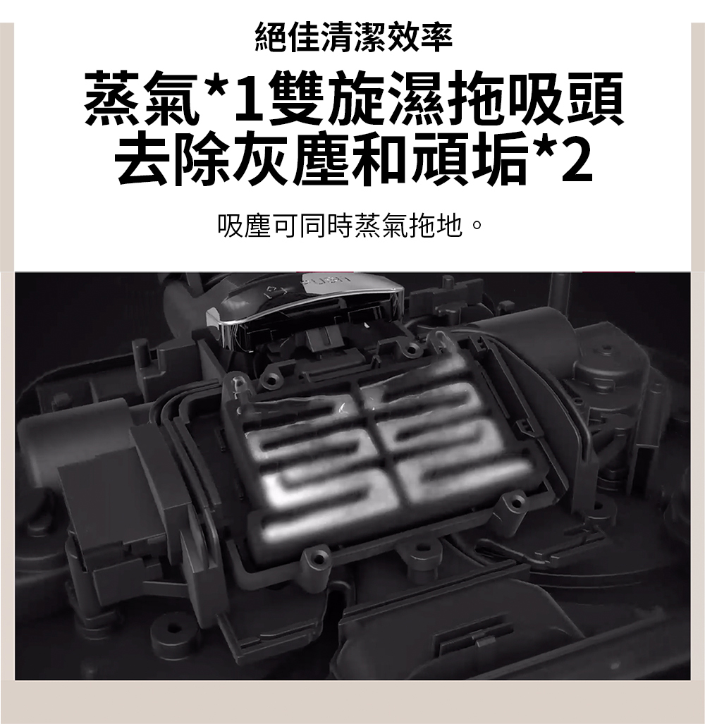 絕佳清潔效率 蒸氣1雙旋濕拖吸頭 去除灰塵和頑垢2 吸塵可同時蒸氣拖地。