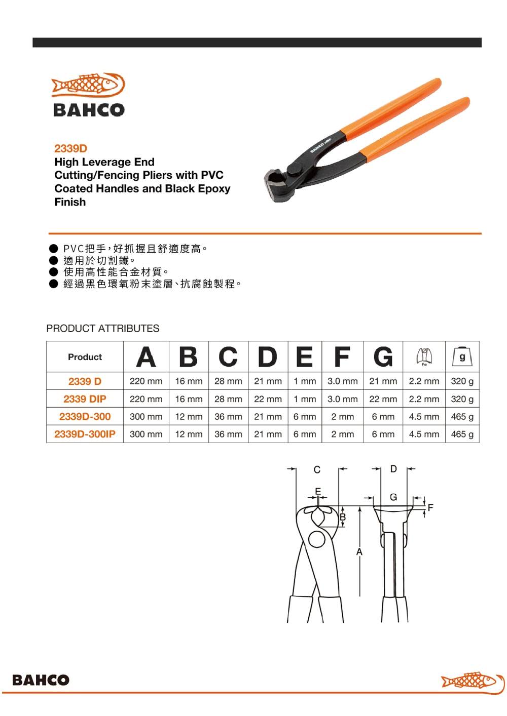 Bahco 省力虎頭鉗/園藝鉗 PVC握把 220mm(23