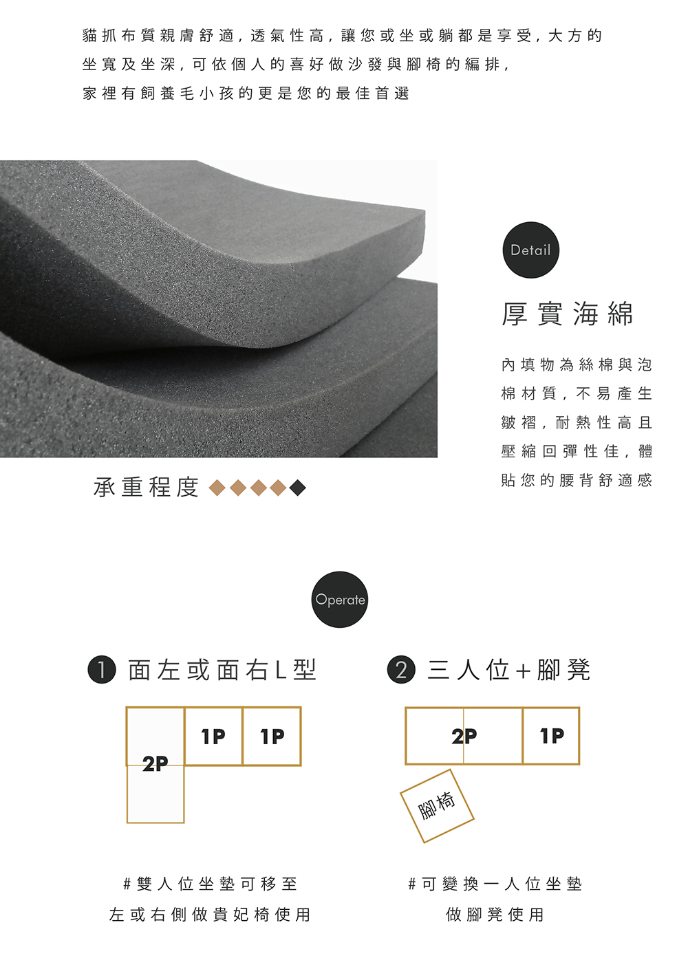 TOPWIN 傑森L型貓抓布沙發組-銀鐵灰(L型沙發/3人座