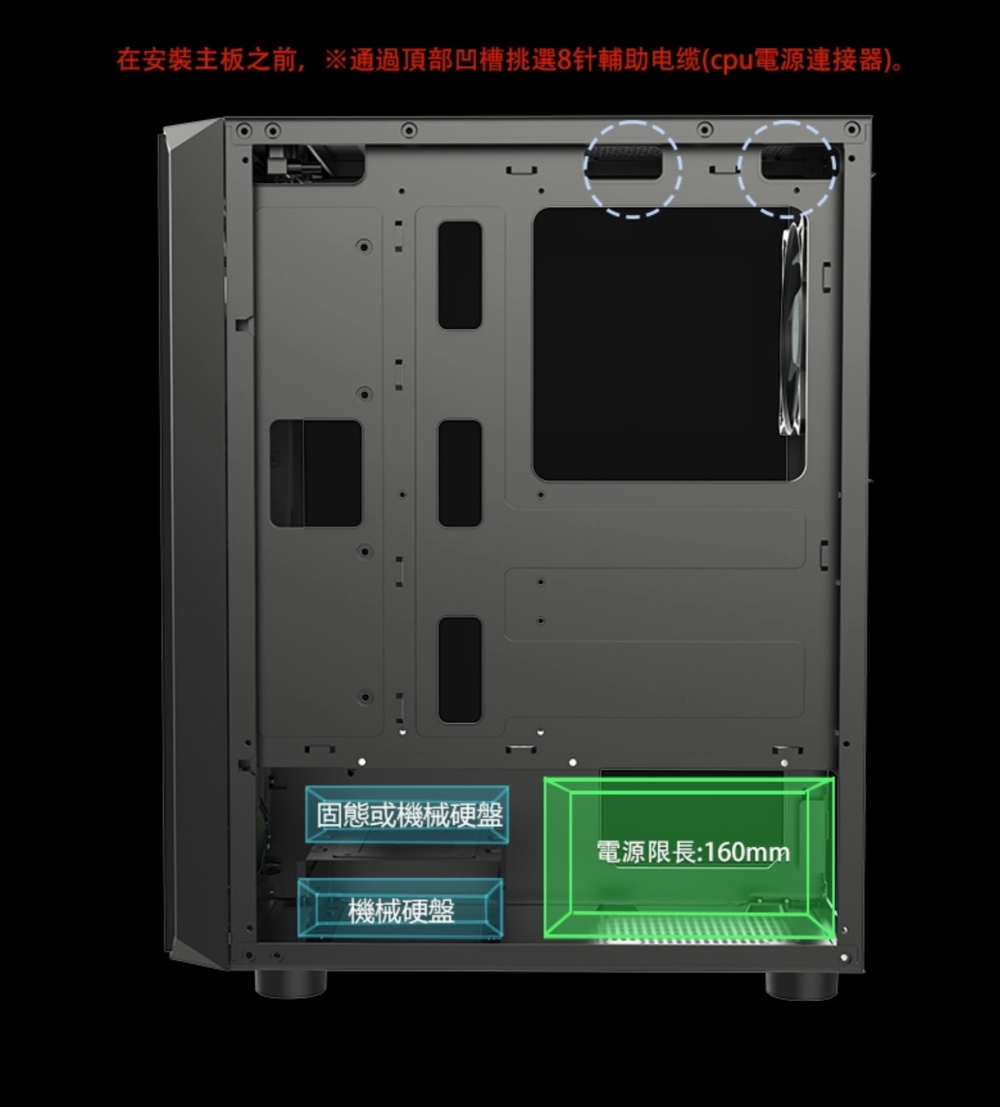 在安裝主板之前,通過頂部凹槽挑選8针輔助电缆cpu電源連接器。 固態或機械硬盤 電源限長160mm 機械硬盤 