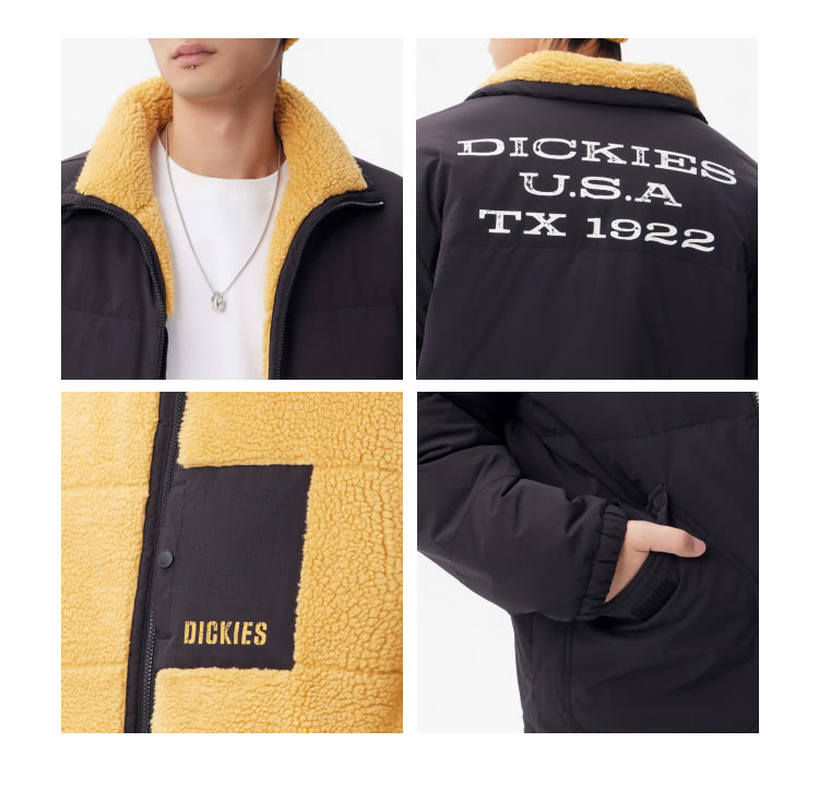 Dickies 男款蜂蜜黃羊羔絨雙面穿多口袋收納設計羽絨外套