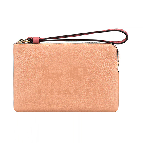 COACH COACH壓印馬車LOGO撞色提把拉鍊牛皮手拿包