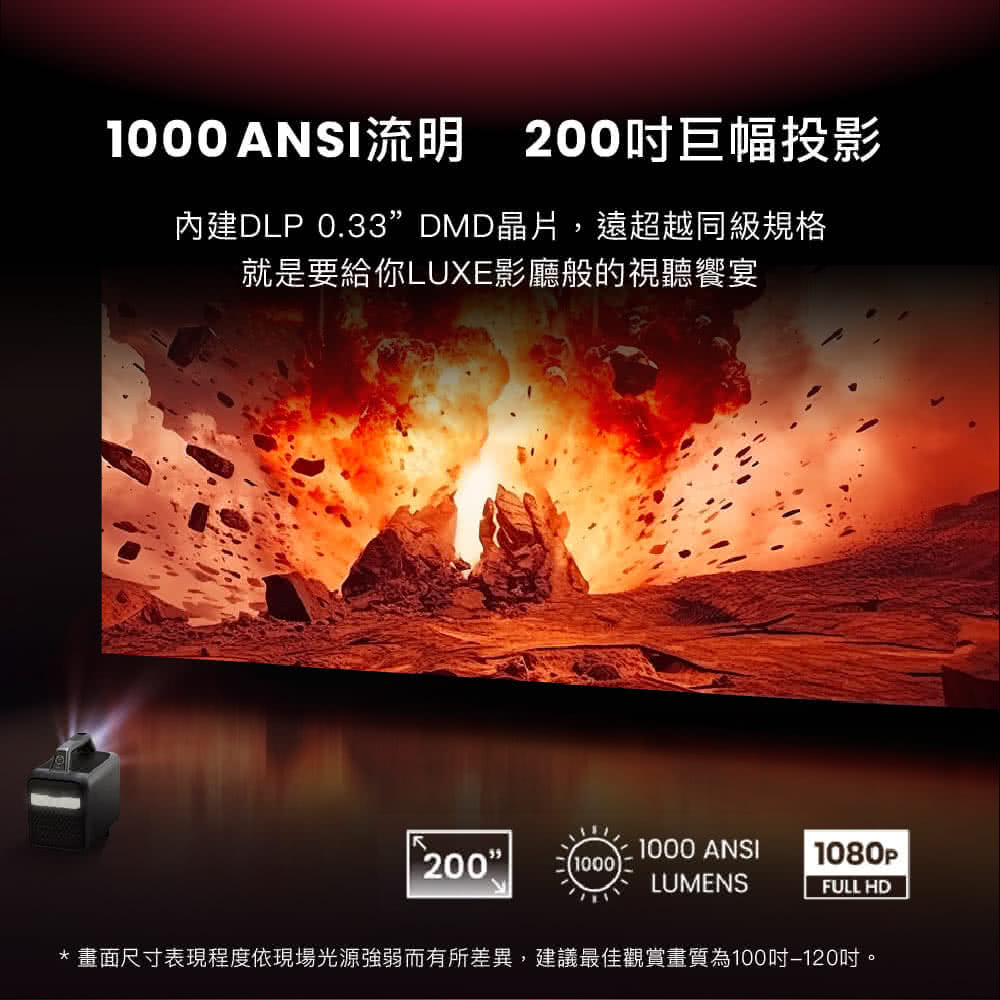 1000ANSI流明 200吋巨幅投影 內建DLP 0.33DMD晶片,遠超越同級規格 就是要給你LUXE影廳般的視聽饗宴 畫面尺寸表現程度依現場光源強弱而有所差異,建議最佳觀賞畫質為100吋120吋。 