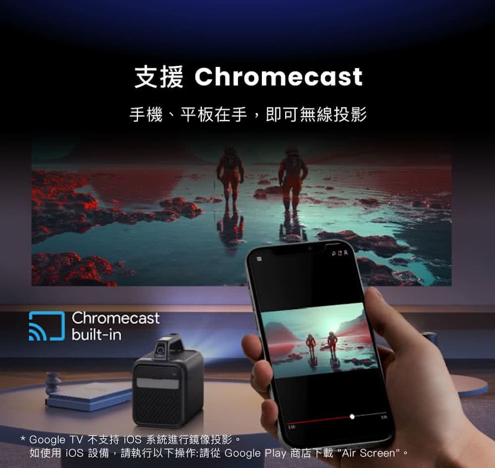 支援 Chromecast 手機、平板在手,即可無線投影 Google TV 不支持iOS系統進行鏡像投影。 如使用 iOS 設備,請執行以下操作請從 Google Play 商店下載 Air Screen。 