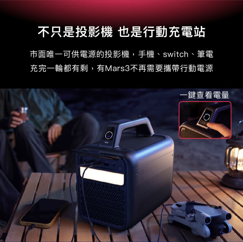 不只是投影機 也是行動充電站 市面唯一可供電源的投影機,手機、switch、筆電 充完一輪都有剩,有Mars3不再需要攜帶行動電源 一鍵查看電量 