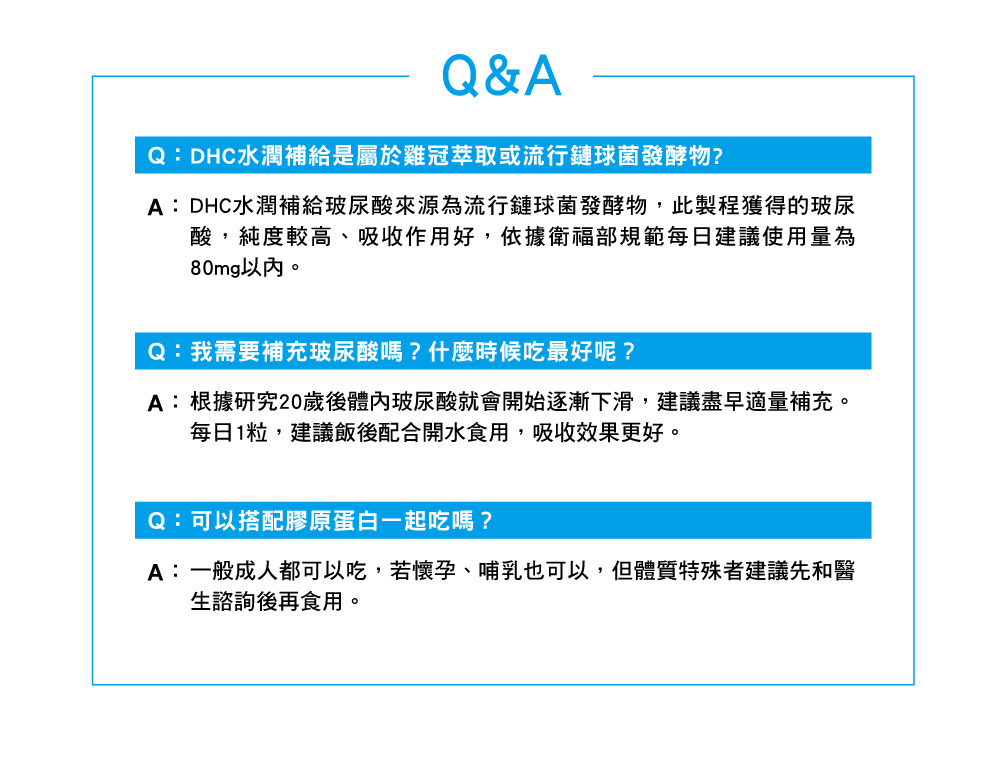 A根據研究20歲後體內玻尿酸就會開始逐漸下滑,建議盡早適量補充。