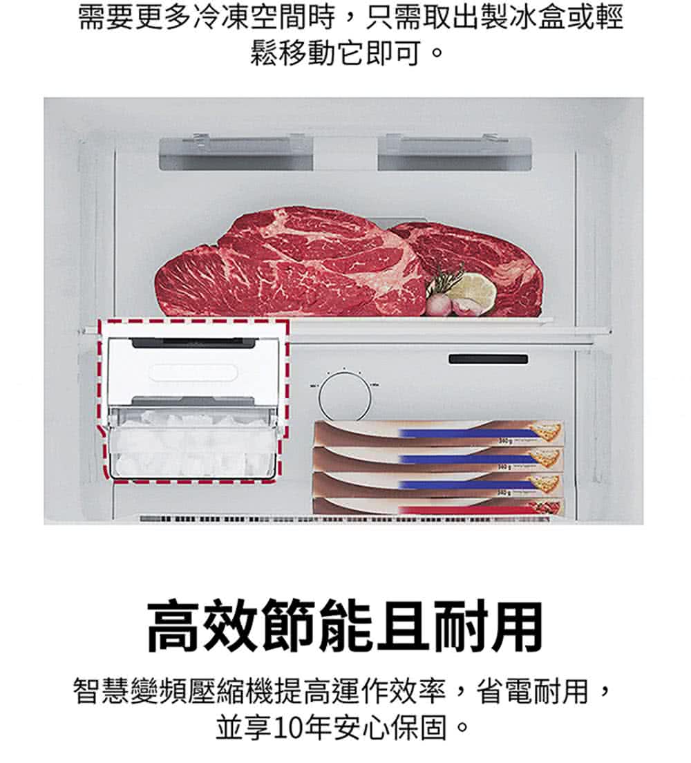 需要更多冷凍空間時,只需取出製冰盒或輕 鬆移動它即可。 高效節能且耐用 智慧變頻壓縮機提高運作效率,省電耐用, 並享10年安心保固。