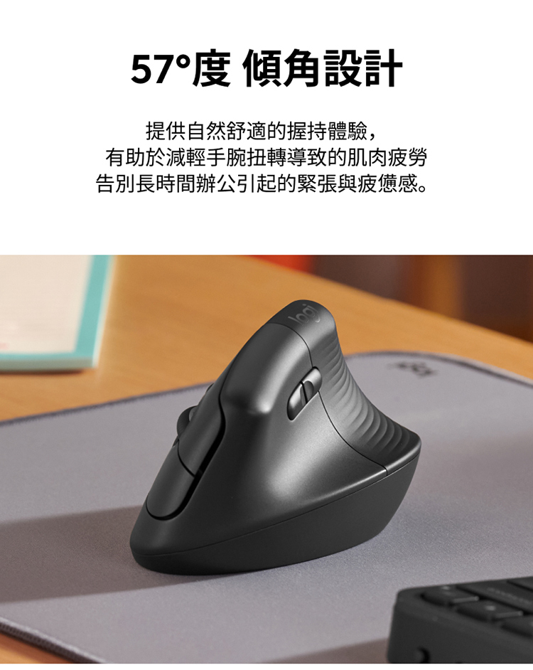 57度 傾角設計 提供自然舒適的握持體驗, 有助於減輕手腕扭轉導致的肌肉疲勞 告別長時間辦公引起的緊張與疲憊感。