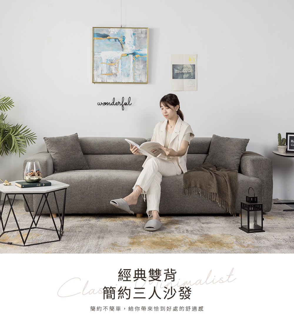 H&D 東稻家居 經典雙背簡約三人沙發(三人沙發 布沙發 低