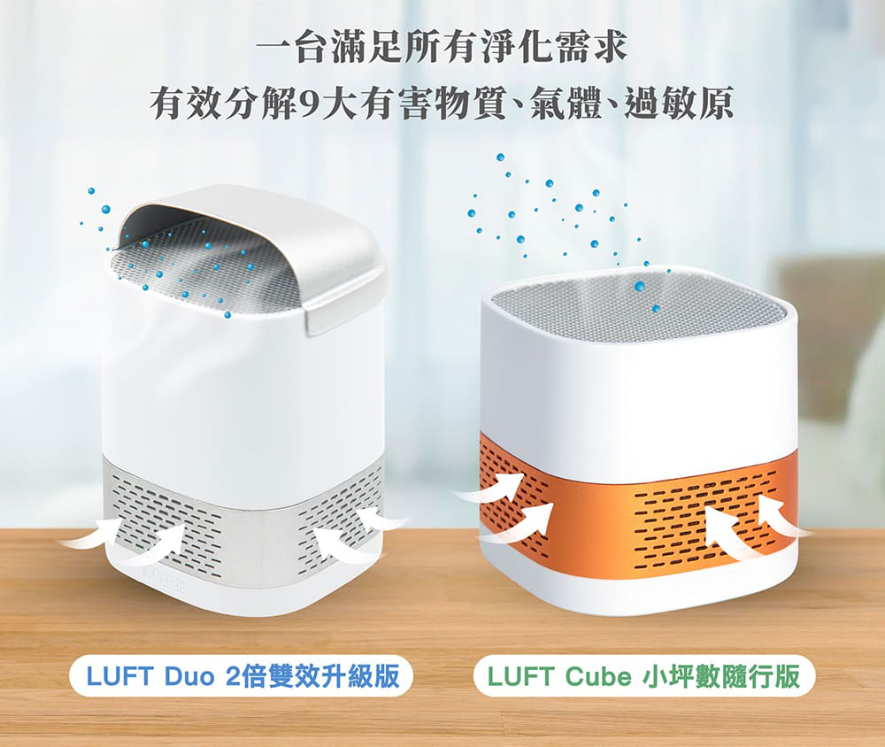 一台滿足所有淨化需求 有效分解9大有害物質、氣體、過敏原 LUFT Duo 2倍雙效升級版 LUFT Cube 小坪數隨行版 