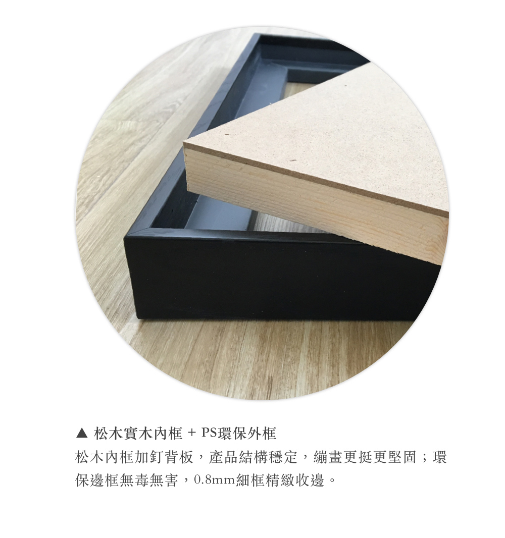 松木實木內框  PS環保外框 松木內框加釘背板,產品結構穩定,繃畫更挺更堅固環 保邊框無毒無害,0.8mm細框精緻收邊。 