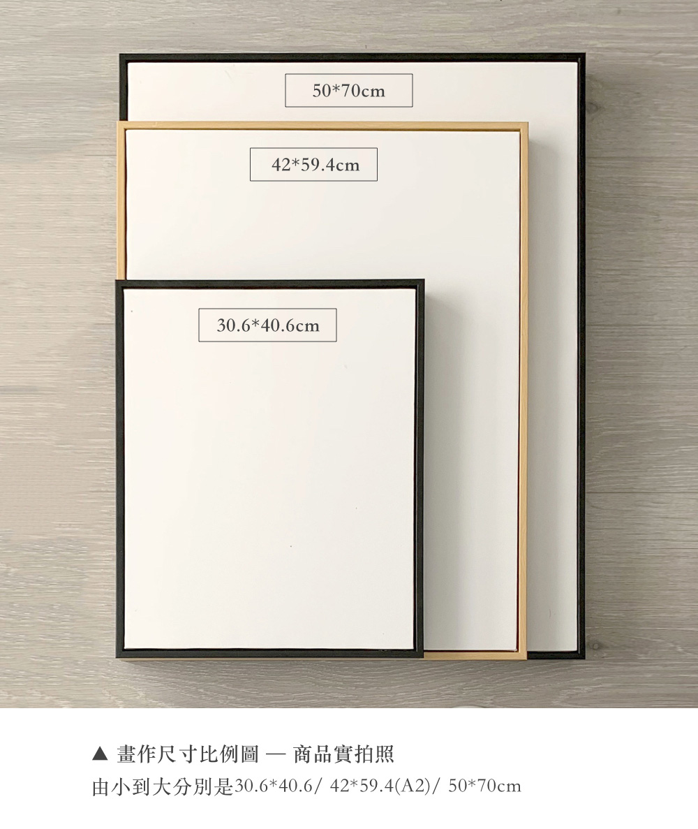 畫作尺寸比例圖  商品實拍照 由小到大分別是30.640.64259.4A2 5070cm 