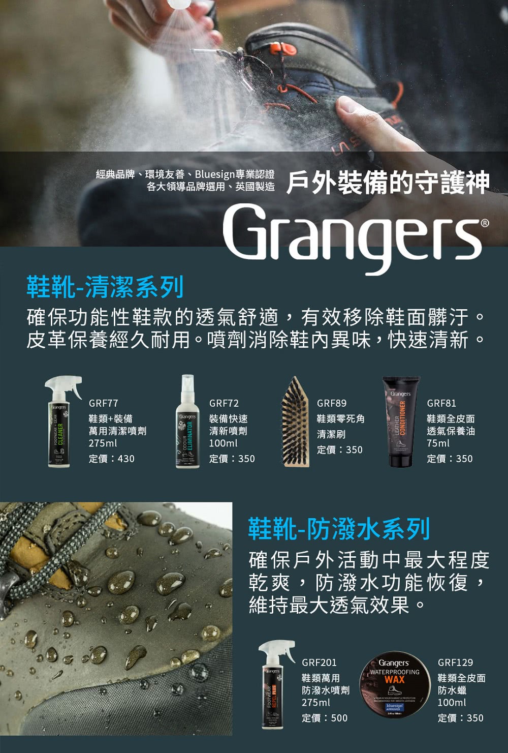 GRANGERS 鞋類萬用防潑水噴劑 275ml(噴霧/配件