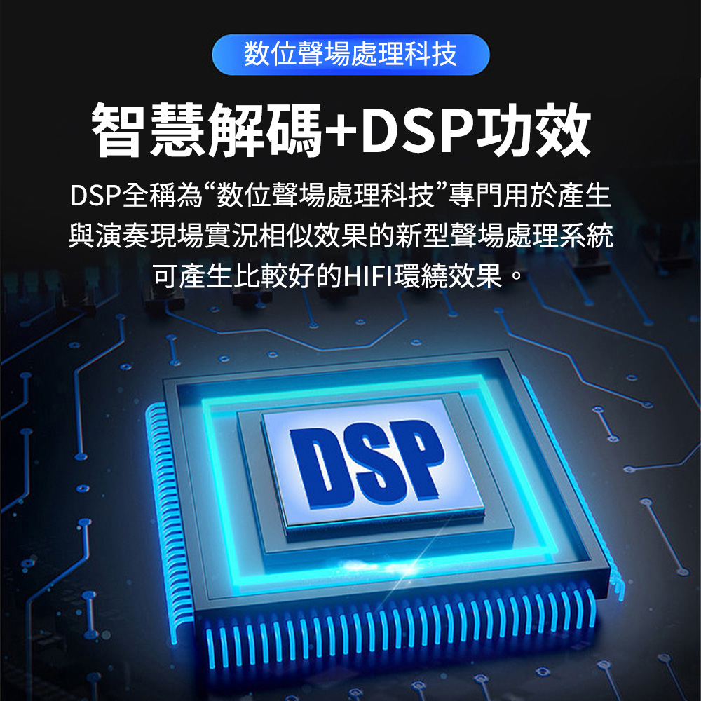 数位聲場處理科技 智慧解碼DSP功效 DSP全稱為数位聲場處理科技專門用於產生 與演奏現場實況相似效果的新型聲場處理系統 可產生比較好的HIFI環繞效果。 