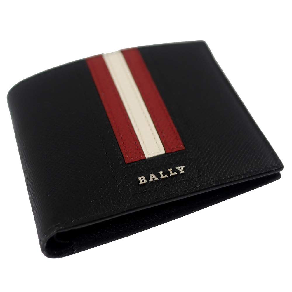 BALLY 金屬品牌標誌經典紅白條紋短夾(黑色/八卡)折扣推