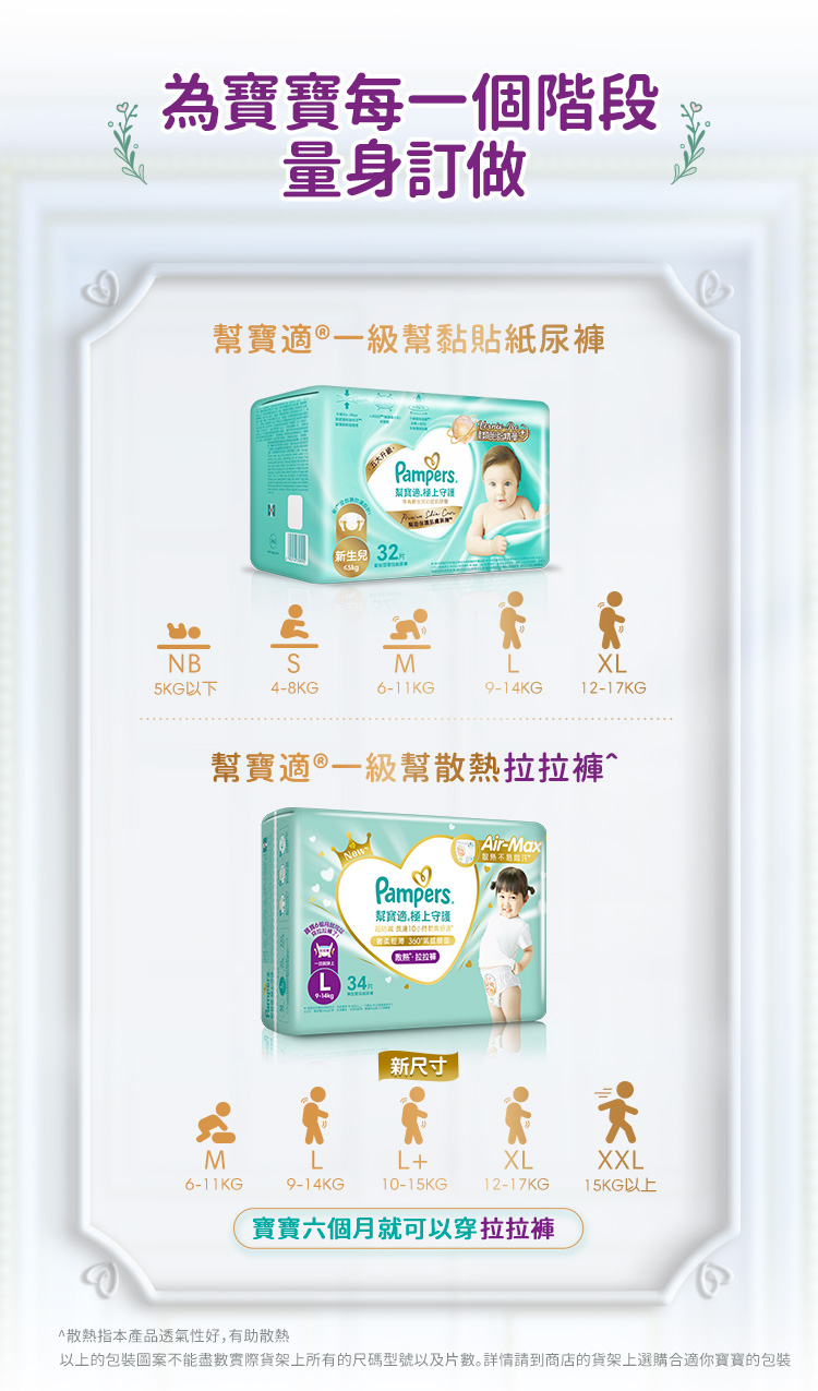 以上的包裝圖案不能盡數實際貨架上所有的尺碼型號以及片數。詳情請到商店的貨架上選購合適你寶寶的包裝