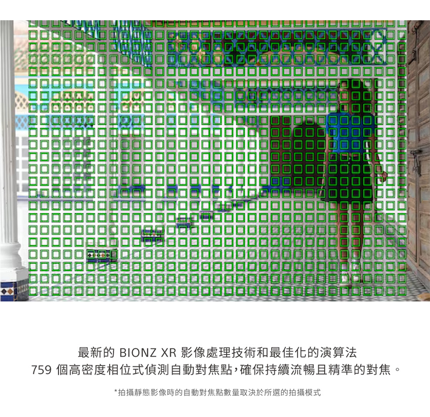最新的 BIONZ XR 影像處理技術和最佳化的演算法 759 個高密度相位式偵測自動對焦點,確保持續流暢且精準的對焦。 拍攝靜態影像時的自動對焦點數量取決於所選的拍攝模式 