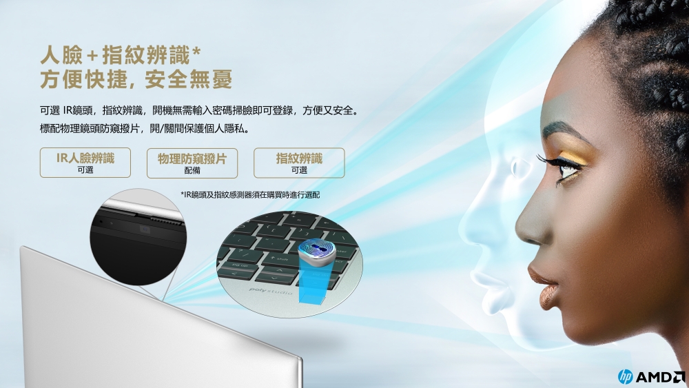 可選IR鏡頭,指紋辨識,開機無需輸入密碼掃臉即可登錄,方便又安全。