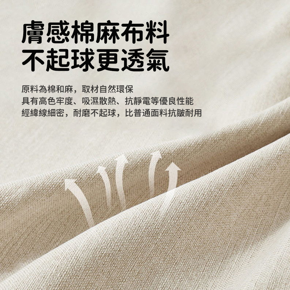 膚感棉麻布料 不起球更透氣 原料為棉和麻,取材自然環保 具有高色牢度、吸濕散熱、抗靜電等優良性能 經緯線細密,耐磨不起球,比普通面料抗皺耐用