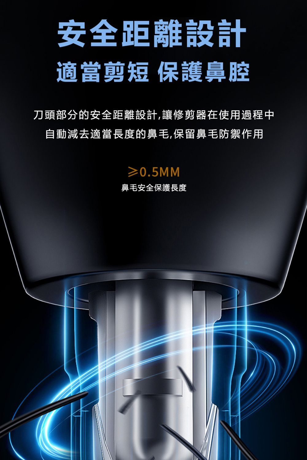 安全距離設計 適當剪短 保護鼻腔 刀頭部分的安全距離設計,讓修剪器在使用過程中 自動減去適當長度的鼻毛,保留鼻毛防禦作用 鼻毛安全保護長度 