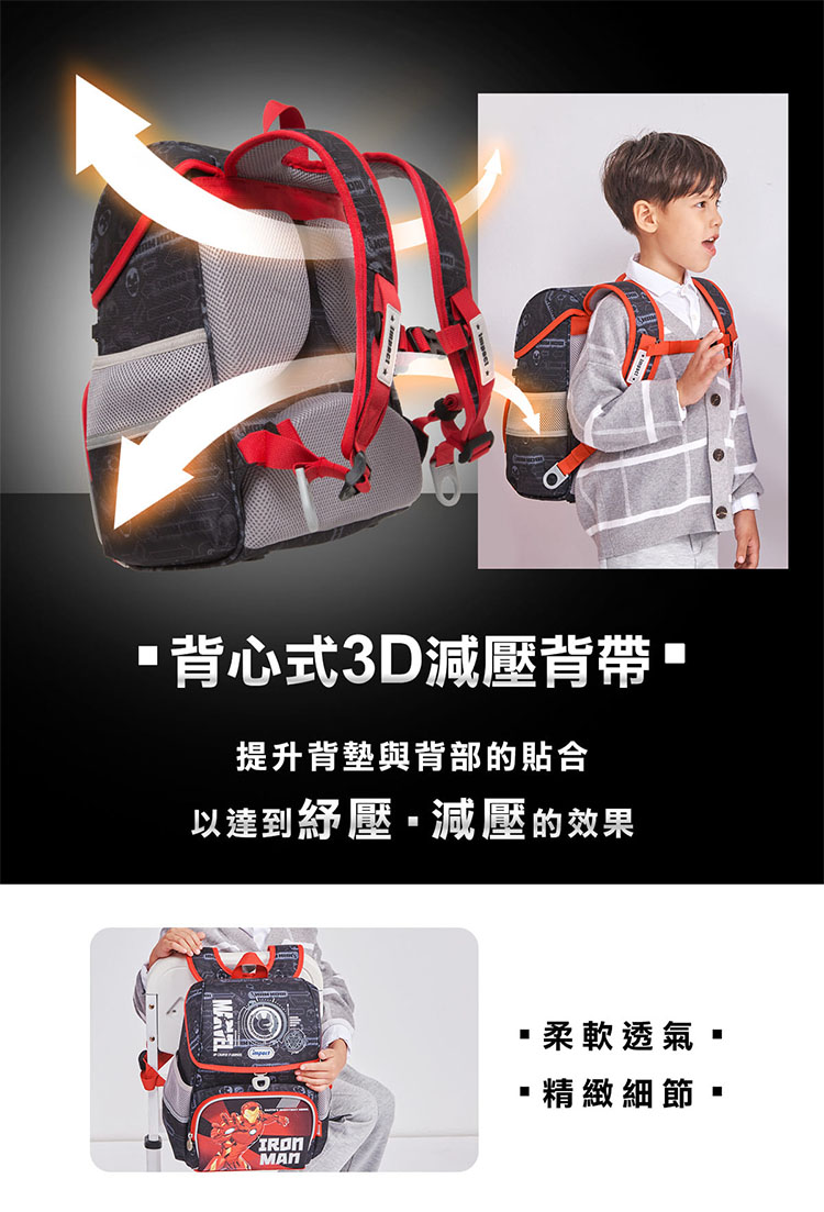 背心式3D減壓背帶 提升背墊與背部的貼合 以達到紓壓減壓的效果 柔軟透氣 精緻細節 