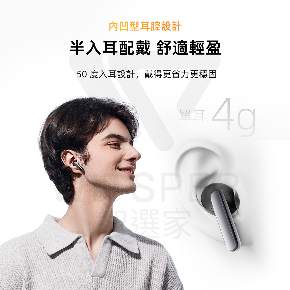 內凹型耳腔設計 半入耳配戴 舒適輕盈 50度入耳設計,戴得更省力更穩固 單耳 選家 