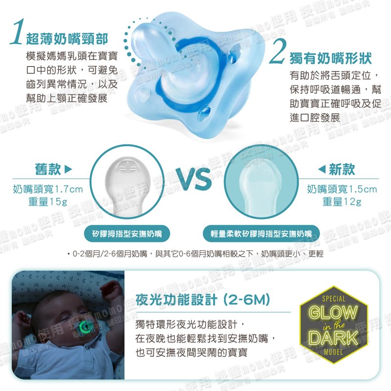 02個月26個月奶嘴,與其它06個月奶嘴相較之下,奶嘴頭更小、更輕