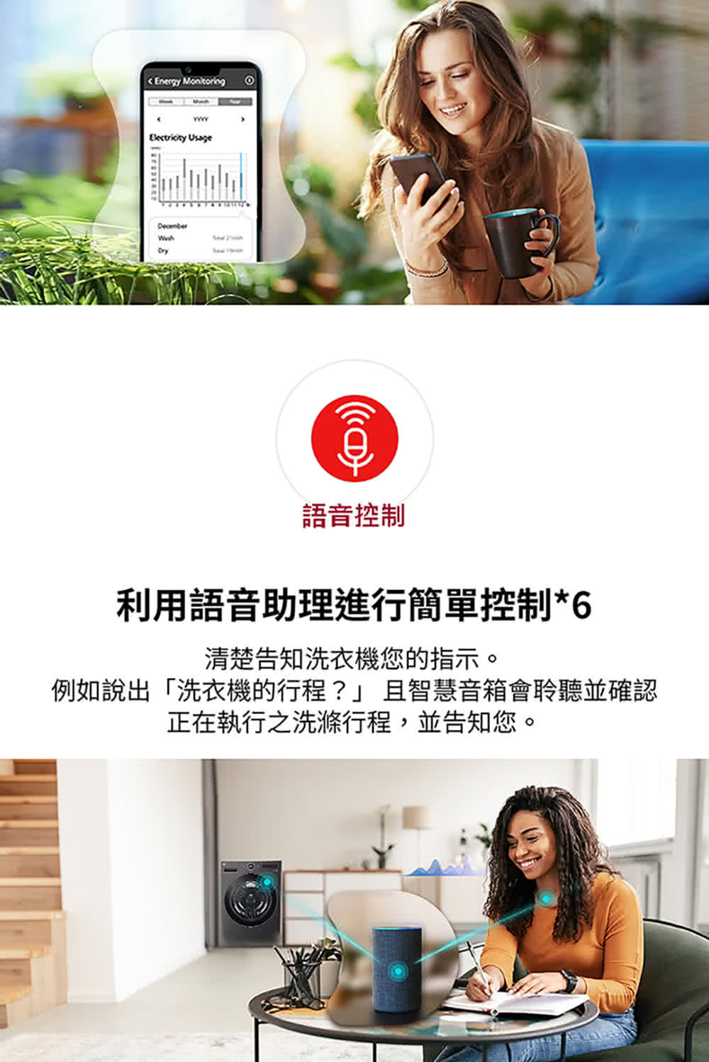 語音控制 利用語音助理進行簡單控制6 清楚告知洗衣機您的指示。 例如說出洗衣機的行程 且智慧音箱會聆聽並確認 正在執行之洗滌行程,並告知您。