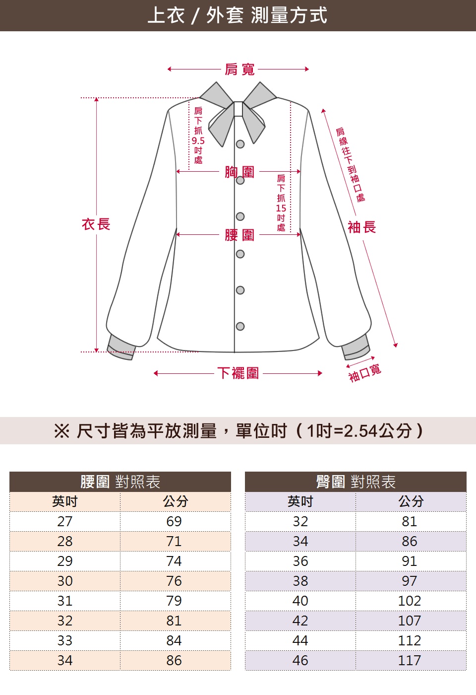 尺寸皆為平放測量,單位时 1吋2.54公分