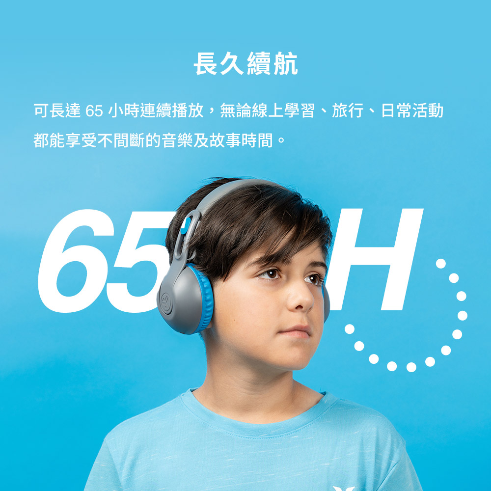 長久續航 可長達 65 小時連續播放,無論線上學習、旅行、日常活動 都能享受不間斷的音樂及故事時間。 
