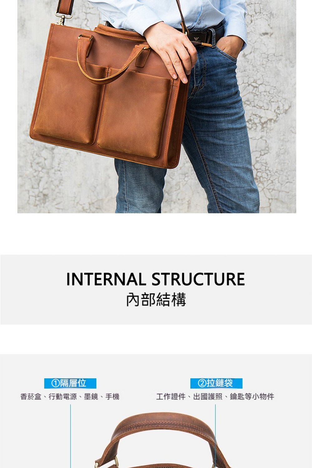內部結構 隔層位 拉鏈袋 香菸盒、行動電源、墨鏡、手機 工作證件、出國護照、鑰匙等小物件 