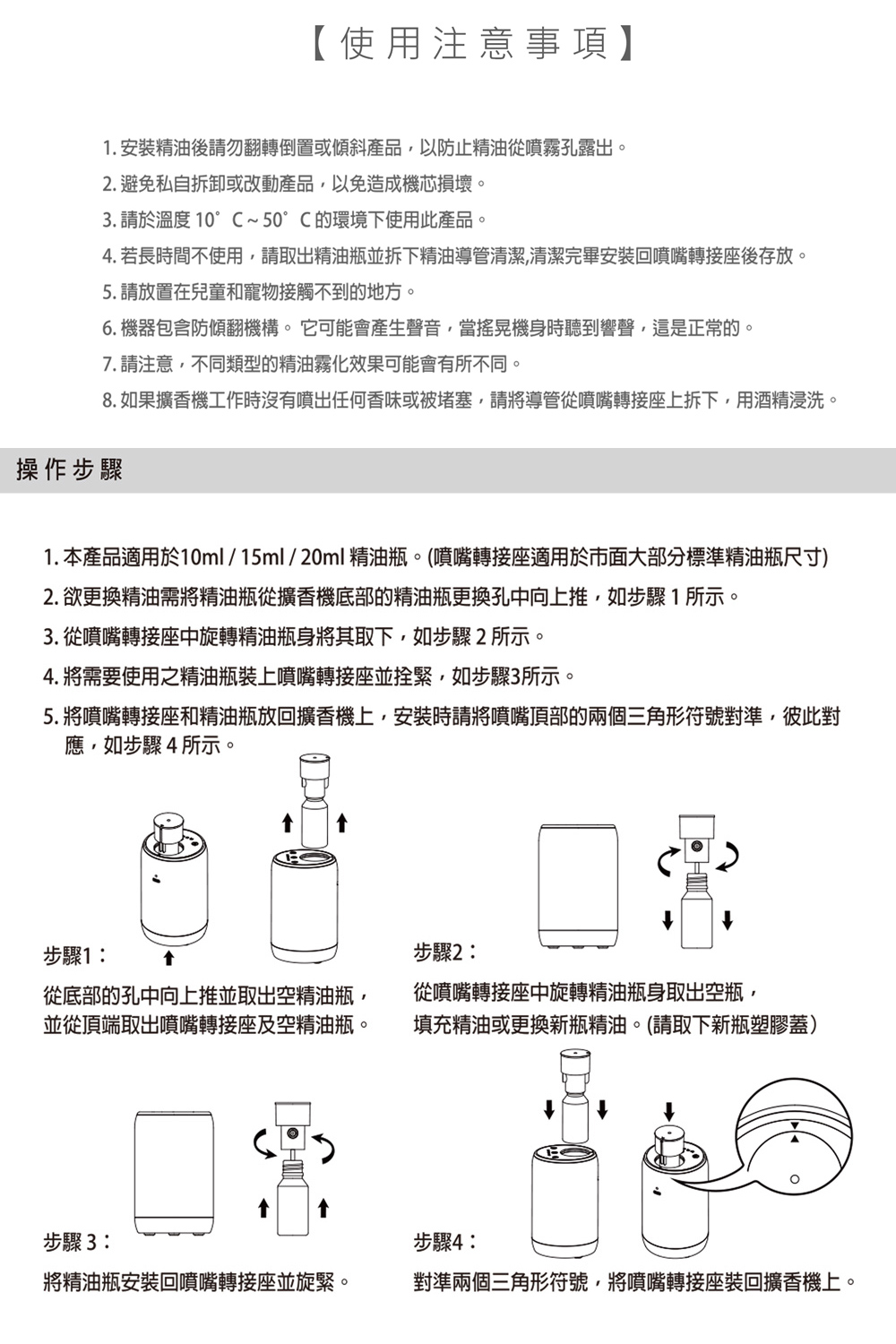 1. 本產品適用於10ml15ml20ml精油瓶。噴嘴轉接座適用於市面大部分標準精油瓶尺寸