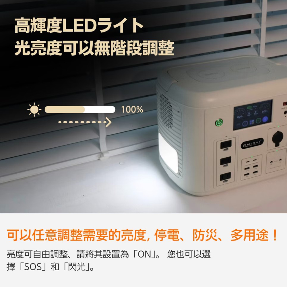 高輝度LED仆 光亮度可以無階段調整 可以任意調整需要的亮度,停電、防災、多用途 亮度可自由調整,請將其設置為ON。 您也可以選 擇SOS和閃光。 