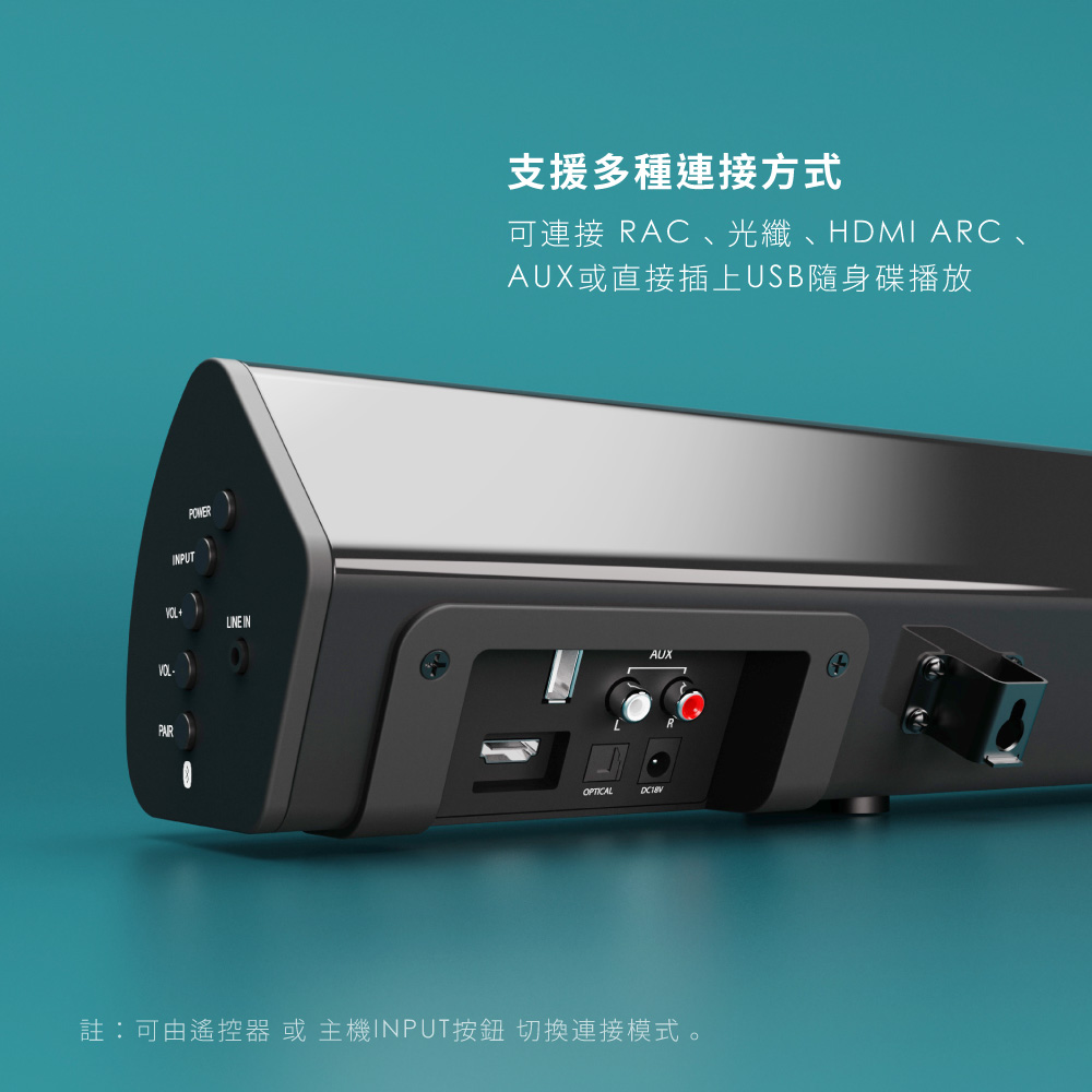 支援多種連接方式 可連接 RAC 、光纖、HDMI ARC、 AUX或直接插上USB隨身碟播放 註可由遙控器 或 主機INPUT按鈕 切換連接模式。 