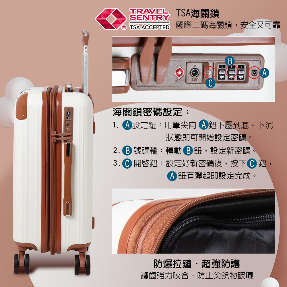 TRVEL TSA海關鎖SENTRY TSA ACEPTED 國際三碼海關鎖安全又可靠A海關鎖密碼:1. A 設定:用筆尖向下壓到底,下沉狀態即可開始設定密碼。 號碼輪:轉動,鈕,設定新密碼。 鈕:設定好新密碼後,按下C鈕鈕有彈起即設定完成。防爆拉鏈超強防護鏈齒強力咬合防止尖銳物破壞
